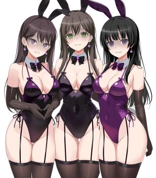 3girls absurdres animal_ears bang_dream! bang_dream!_girls_band_party! bang_dream!_it's_mygo!!!!! black_bow black_bowtie black_gloves black_hair black_leotard black_thighhighs bow bowtie commentary commission covered_navel detached_collar earrings elbow_gloves english_commentary fake_animal_ears fries_vanquisher garter_straps gloves green_eyes hanazono_tae highres jewelry leotard long_hair looking_at_viewer multiple_girls open_mouth parted_lips pixiv_commission purple_eyes purple_leotard rabbit_ears shiina_taki shirokane_rinko simple_background thighhighs white_background