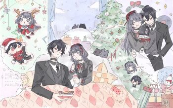 1boy 1girl ^_^ alternate_costume animal_hands animalization antlers ayn_alwyn belt_collar beret black_choker black_coat black_collar black_eyes black_hair black_hat black_mittens black_necktie black_pants black_shirt black_sweater blanket blazer blush bow bow_earrings box cat cat_paws chibi chibi_inset choker christmas christmas_ornaments christmas_tree christmas_wreath closed_eyes closed_mouth cloud coat collar collared_shirt cross-laced_clothes cross-laced_top curtains earrings food garland_(decoration) gift gift_box gloves grin hair_between_eyes hair_ornament hair_ribbon hairclip hand_in_pocket hand_on_another's_waist hat hat_ribbon heroine_(lovebrush_chronicles) hetero highres holding holding_spoon horns ice_cream jacket jewelry lapels long_hair long_skirt long_sleeves looking_at_another looking_to_the_side looking_up lovebrush_chronicles mittens multiple_views necktie notched_lapels open_clothes open_coat open_mouth pale_skin pants paw_gloves pillow rabbit red_eyes red_hat red_ribbon red_scarf reindeer_antlers ribbon santa_hat scarf scarf_bow shirt short_hair sidelocks skirt smile snow snow_globe snowing spoon star_(symbol) sweater triangle_mouth two-tone_hat under_covers utensil_in_mouth vinyl_record wakuwaku_1121 watermark white_collar white_gloves white_shirt white_skirt winter wreath x_hair_ornament