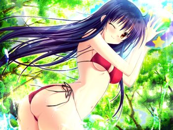1girl amato_saori ass ball beachball bikini black_hair breasts choco_chip day game_cg large_breasts long_hair one_eye_closed outdoors red_bikini sara_sara_sasara side-tie_bikini_bottom smile solo string_bikini swimsuit underboob yellow_eyes