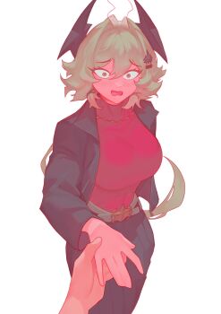 Rule 34 | 1girl, 1other, alternate costume, black horns, black jacket, blush, breasts, caesar king (zenless zone zero), commentary, english commentary, fake horns, full-face blush, green hair, hair intakes, highres, holding hands, horns, jacket, large breasts, long hair, looking at viewer, orange eyes, ponytail, pov, pov hands, rebigaki, red shirt, shirt, simple background, steam, white background, zenless zone zero