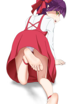 Rule 34 | 1girl, barefoot, bow, feet, female focus, gegege no kitarou, hair bow, highres, kneeling, leg up, looking at viewer, looking back, nekomusume, nekomusume (gegege no kitarou 6), ogyadya, panties, pantyshot, pointy ears, purple hair, soles, toes, underwear, upskirt, white background, white panties, yellow eyes