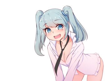 1girl :d bent_over blue_eyes blue_hair blush breasts collarbone collared_shirt cowboy_shot deredereday dress_shirt highres leaning_forward long_hair long_sleeves looking_at_viewer naked_shirt no_bra non-web_source open_clothes open_mouth open_shirt original rkn-chan roskomnadzor shirt simple_background smile solo twintails white_background white_shirt