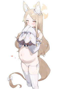 1girl absurdres animal_ear_fluff animal_ears big_belly blonde_hair blue_archive blush bow closed_mouth cropped_legs detached_sleeves female_focus halo highres loli long_hair looking_at_viewer navel panties pregnant seia_(blue_archive) sh_(shinh) side-tie_panties simple_background sleeves_past_fingers sleeves_past_wrists solo standing sweat tail tail_bow tail_ornament thighhighs trembling underwear white_background white_bow white_panties white_sleeves white_thighhighs yellow_eyes yellow_halo