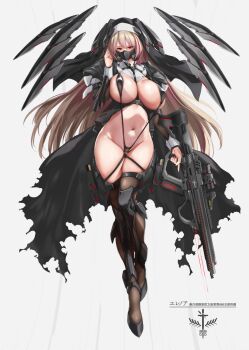 1girl akatsuki_akane black_gloves black_thighhighs breasts brown_hair commentary_request fingerless_gloves gloves gluteal_fold grey_background gun highres holding holding_gun holding_weapon huge_breasts long_hair looking_at_viewer mask mecha_musume mouth_mask multicolored_hair navel nun original red_eyes red_hair slingshot_swimsuit solo streaked_hair swimsuit thighhighs trigger_discipline two-tone_hair weapon