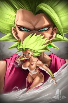 1girl absurdres angry blonde_hair blue_eyes bouncing_breasts bracelet breasts dragon_ball dragon_ball_super dragonball_z dust earrings electricity elite_nappa hanging_breasts highres jewelry kefla_(dragon_ball) large_breasts lips long_hair muscular muscular_female nails navel nipples novasayajingoku potara_earrings serious spiked_hair super_saiyan super_saiyan_3 torn_clothes transformation veins very_long_hair