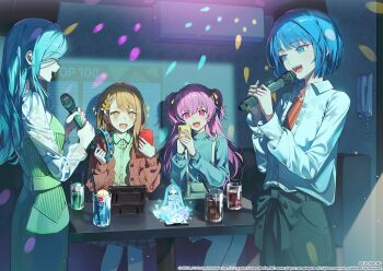 Rule 34 | + +, 5girls, :d, air conditioner, blue eyes, blue hair, blue sweater, blush, bob cut, braid, breasts, brown cardigan, brown hair, cardigan, cellphone, closed eyes, collared shirt, commentary request, copyright notice, corded phone, couch, cowboy shot, crossed bangs, dress, fang, feet out of frame, green dress, green shirt, green skirt, grey eyes, guest art, hair between eyes, hair ornament, hair ribbon, hanasato minori, hatsune miku, highres, hinomori shizuku, holding, holding microphone, holding phone, indoors, jewelry, karaoke, karaoke box, kiritani haruka, korean commentary, long dress, long hair, long sleeves, looking at another, microphone, mole, mole under mouth, momoi airi, more more jump! (project sekai), more more jump! miku, multiple girls, music, necklace, nun nu, official art, on couch, open cardigan, open clothes, open mouth, orange shirt, partially unbuttoned, phone, phone on wall, pink eyes, pink hair, project sekai, raised inner eyebrows, recording, ribbon, second-party source, see-through clothes, see-through sleeves, shirt, short hair, side braid, sidelocks, singing, sitting, skirt, small breasts, smartphone, smile, speaker, standing, suspender skirt, suspenders, sweater, teeth, two side up, unbuttoned, upper teeth only, vocaloid, white shirt, yellow ribbon