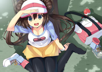 10s 1girl arm_support bad_id bad_pixiv_id bag black_pantyhose blue_eyes breasts cleavage double_bun female_focus from_above hair_between_eyes hair_bun handbag long_hair looking_at_viewer murano101 nintendo on_grass outdoors pantyhose pantyhose_under_shorts poke_ball pokemon pokemon_bw2 raglan_sleeves rosa_(pokemon) shoes shorts single_shoe sitting sneakers solo tree under_tree unworn_shoes very_long_hair visor_cap wariza yellow_shorts
