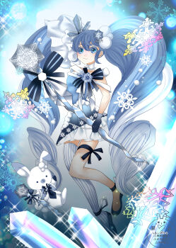 Rule 34 | 1girl, absurdres, animal, aqua hair, blue dress, blue eyes, blue gloves, blue hair, blue skirt, blush, closed mouth, commentary request, dress, full body, gloves, hair between eyes, hair ornament, hatsune miku, highres, holding, holding wand, long hair, looking at viewer, official alternate costume, official alternate hairstyle, pleated skirt, rabbit, rabbit yukine, single thighhigh, skirt, smile, snowflake hair ornament, snowflake ornament, snowflake print, snowflakes, striped clothes, striped thighhighs, tamaonihanano, thighhighs, twintails, very long hair, vocaloid, wand, white hair, white rabbit (animal), white thighhighs, yuki miku, yuki miku (2025)