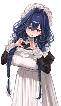 1girl absurdres apron black_dress blue_eyes blue_hair blush braid breasts commentary dress hat heart heart_hands highres hololive hololive_english juliet_sleeves large_breasts long_hair long_sleeves looking_to_the_side low_twin_braids maid maid_apron mob_cap official_alternate_costume official_alternate_hairstyle open_mouth ouro_kronii ouro_kronii_(maid) puffy_sleeves solo standing twin_braids virtual_youtuber white_apron white_background wuku_(5kukuu)