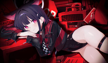 Rule 34 | 1girl, animal ears, black hair, black jacket, black leotard, blue archive, cat ears, checkered clothes, checkered jacket, covered navel, halo, highres, jacket, kazusa (blue archive), leotard, medium hair, multicolored hair, multicolored jacket, pink hair, pink halo, ranyu, red jacket, solo, thigh strap, thighs, two-tone hair, white jacket