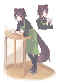 Rule 34 | 1girl, alternate costume, animal ears, apron, arm support, barista, black choker, black pants, black shirt, black shoes, brown hair, choker, closed mouth, collared shirt, commentary request, cup, disposable cup, dog ears, dog girl, dog tail, elbows on table, eyelashes, green apron, heterochromia, highres, holding, holding cup, holding pen, inui toko, leaning forward, looking at object, looking at viewer, medium hair, multiple views, nijisanji, open mouth, pants, pen, red eyes, shirt, shoes, standing, table, tail, talunilu uu3, virtual youtuber, white background, yellow eyes
