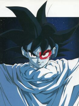 1990s_(style) 1boy absurdres border cloak dragon_ball dragonball_z greyscale highres looking_at_viewer maeda_minoru male_focus monochrome night night_sky official_art red-tinted_eyewear retro_artstyle scan scouter short_hair sky smirk solo spiked_hair spot_color third-party_source tinted_eyewear tullece upper_body white_border