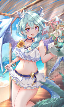 Rule 34 | 4girls, absurdres, beach house, bikini, bikini skirt, blue hair, blue horns, blue tail, blue wings, bracelet, braid, breasts, chokomin, cleavage, crystal wings, dragon girl, dragon horns, dragon tail, flower, frilled bikini, frills, hair over shoulder, highres, horns, jewelry, looking at viewer, multiple bracelets, multiple girls, navel, ocean, open mouth, princess connect!, purple eyes, sheffy (princess connect!), sheffy (summer) (princess connect!), smile, sunflower, swimsuit, tail, tray, white bikini, wings