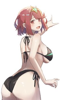 1girl absurdres amausa_subee ass bikini black_bikini breasts cowboy_shot from_behind highres large_breasts looking_at_viewer looking_back open_mouth pointing pyra_(xenoblade) red_eyes red_hair short_hair side-tie_bikini_bottom sideboob simple_background solo swimsuit tiara white_background xenoblade_chronicles_(series) xenoblade_chronicles_2