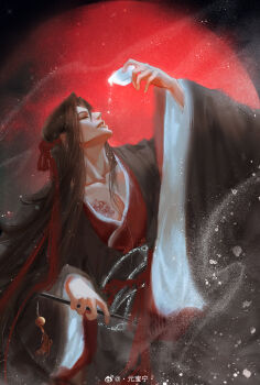 1boy absurdres alcohol black_hair black_hanfu branded brown_hair chenqing_flute chinese_clothes closed_eyes collarbone cup dizi flute flute_tassel hair_down hair_ribbon half_updo hanfu highres holding holding_cup holding_flute holding_instrument instrument light_particles long_hair long_sleeves male_focus modao_zushi moon night official_alternate_hairstyle parted_lips pectoral_cleavage pectorals pouring pouring_onto_self profile red_moon red_ribbon red_sash ribbon robe sakazuki sash scar scar_on_chest sidelocks sitting sky smile smoke solo tassel transverse_flute upper_body watermark wei_wuxian wei_wuxian_(yiling_laozu) weibo_watermark wide_sleeves yuan_bao_ning