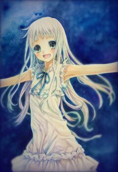 1girl absurdres ano_hi_mita_hana_no_namae_wo_bokutachi_wa_mada_shiranai. blue_eyes blush commentary_request dress flat_chest highres honma_meiko long_hair looking_at_viewer mizuki_riyu open_mouth outstretched_arms painting_(medium) smile solo spread_arms traditional_media watercolor_(medium) white_dress white_hair