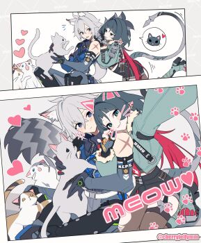 1boy 1girl :3 animal_ear_fluff animal_ears black_hair black_shorts blue_eyes blush cat cat_boy cat_ears cat_tail closed_mouth colored_tips commentary_request crossed_bangs drawn_ears drawn_whiskers earrings fur-trimmed_jacket fur_trim garter_straps grey_background grey_cat grey_jacket hair_between_eyes hand_on_another's_shoulder heart high-waist_shorts highres jacket jane_doe_(zenless_zone_zero) jewelry looking_at_another looking_at_viewer miri_(cherryjelly) motion_lines mouse_ears mouse_girl mouse_tail multicolored_hair multiple_cats notched_ear notice_lines open_mouth pantyhose paw_print police police_uniform policeman purple_eyes scar scar_on_shoulder seth_lowell sharp_tail shorts single_garter_strap single_leg_pantyhose single_thighhigh spoken_animal tail thighhighs torn_clothes torn_pantyhose twitter_username white_background white_hair zenless_zone_zero
