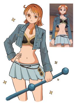 1girl absurdres anime_screenshot_inset blue_jacket breasts clima-tact closed_mouth crop_top cropped_torso denim denim_jacket grey_skirt hand_on_own_hip hashtag-only_commentary highres holding holding_staff jacket long_sleeves looking_at_viewer midriff minami_(nami_56e) miniskirt nami_(one_piece) nami_(one_piece)_(enies_lobby) navel official_alternate_costume one_piece open_clothes open_jacket orange_eyes orange_hair pleated_skirt screenshot_inset short_hair simple_background single_sidelock skirt solo sparkle staff stomach white_background