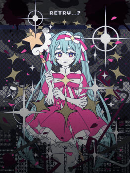 Rule 34 | 1girl, betete, blue hair, bow, bowtie, chain-link fence, cityscape, commentary request, dress, english text, fence, gloves, hair bow, hatsune miku, highres, holding, holding staff, ima sugu rinne (vocaloid), layered dress, long hair, looking at viewer, magical girl, parted lips, pink bow, pink dress, shovel, solo, staff, standing, star-shaped pupils, star (symbol), striped bow, striped bowtie, striped clothes, symbol-shaped pupils, twintails, two-tone bow, vocaloid, white bow, white gloves