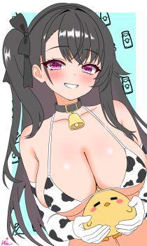Rule 34 | 1girl, animal, animal print, azur lane, bell, bikini, bird, blue background, blush, breasts, cleavage, collar, collarbone, commentary, cow print, cow print bikini, crossed bangs, elbow gloves, gloves, gradient hair, grey hair, grin, highres, holding, holding animal, holding bird, large breasts, long hair, looking at viewer, manjuu (azur lane), multicolored hair, neck bell, pamiat merkuria (azur lane), pink eyes, print bikini, reinforceiris, signature, skindentation, smile, swimsuit, underboob, upper body, white bikini, white gloves
