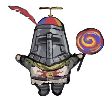 1boy armor arms_up belt belt_buckle buckle candy commentary commission dark_souls_(series) dark_souls_i english_commentary food full_body greaves hanny_(uirusu_chan) hat helm helmet highres holding holding_candy holding_food knight lollipop male_focus outstretched_arms plume propeller_hat scarf simple_background solaire_of_astora solo standing swirl_lollipop tabard white_background yellow_scarf