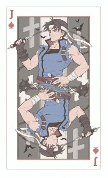 1boy alpaca_carlesi bandaged_wrist bandages belt blue_shirt border brown_belt brown_gloves brown_hair card castlevania:_symphony_of_the_night castlevania_(series) closed_mouth collarbone commentary cross fingerless_gloves flail gloves headband holding holding_flail holding_weapon jack_(playing_card) latin_cross male_focus playing_card richter_belmont shirt short_hair single_fingerless_glove sleeveless sleeveless_shirt toned toned_male weapon white_border white_headband