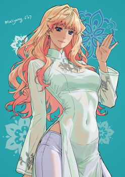 1girl aqua_background blonde_hair blue_eyes earrings highres jewelry long_hair long_sleeves looking_at_viewer macross macross_frontier navel pants ryu_(masu_nantoka-san) see-through_clothes sheryl_nome shirt simple_background smile solo waving white_pants white_shirt