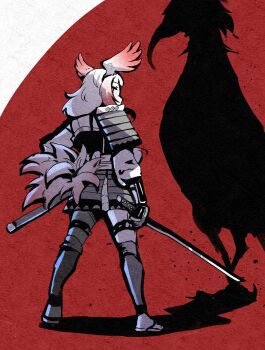 1girl absurdres armor bird_girl bird_tail bird_wings breastplate different_shadow faulds from_behind gauntlets gradient_hair greaves head_wings highres holding holding_sword holding_weapon japanese_armor japanese_crested_ibis_(kemono_friends) katana kemono_friends kemono_friends_3 kusazuri long_hair looking_at_viewer looking_back multicolored_hair official_alternate_costume pauldrons red_hair riri_(dgra3272) scabbard sheath shoulder_armor sidelocks sode solo sword tail vambraces weapon white_hair wings