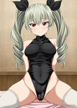 1girl anchovy_(girls_und_panzer) black_leotard breasts commentary_request covered_erect_nipples drill_hair girls_und_panzer green_hair hair_ribbon heattech_leotard highleg highleg_leotard highres inoshira leotard long_hair looking_at_viewer medium_breasts on_bed red_eyes ribbon sitting solo thighhighs thighs turtleneck twin_drills twintails white_thighhighs
