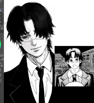 Rule 34 | 1boy, art program in frame, chainsaw man, closed mouth, collared shirt, commentary, curtained hair, greyscale, hair over one eye, jacket, kurose yuutarou, light smile, male focus, monochrome, necktie, reference inset, scar, scar on face, scar on nose, shirt, short hair, simple background, solo, suit jacket, symbol-only commentary, th3kph0enix, upper body, white background