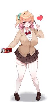 1girl :q absurdres ahoge blonde_hair blush bow bowtie box breasts brown_cardigan brown_skirt cardigan closed_mouth collared_shirt commentary food full_body gradient_hair green_scrunchie gyaru hair_ornament hair_scrunchie heart highres holding holding_box holding_food karas_(10_9) kogal large_breasts licking_lips loafers long_sleeves looking_at_viewer medium_hair miniskirt multicolored_hair one_side_up orange_hair original pigeon-toed pink_hair pleated_skirt pocky red_bow red_bowtie red_eyes school_uniform scrunchie shirt shoes simple_background skindentation skirt smile solo standing thighhighs thighs tongue tongue_out white_background white_shirt white_thighhighs