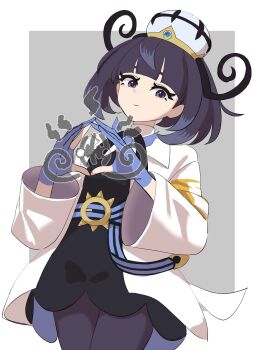 1girl black_dress black_hair blue_gloves blunt_bangs bob_cut closed_mouth coat dress gloves gradient_hair gwynn_(pokemon) hat highres long_sleeves looking_at_viewer mega_stone mijukuma multicolored_hair nintendo open_clothes open_coat partially_fingerless_gloves pokemon pokemon_legends:_z-a purple_eyes purple_hair short_hair solo white_coat