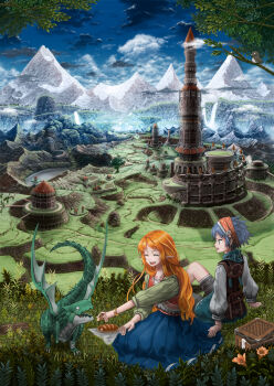 2girls ^_^ arm_support bird blue_eyes blue_hair blue_skirt blue_sky bracelet bread closed_eyes closed_mouth cloud commentary_request day dragon elf fantasy flower food grass holding holding_food jewelry long_hair long_skirt long_sleeves looking_at_another multiple_girls nagi_itsuki open_mouth orange_hair original outdoors pointy_ears scenery short_hair sitting skirt sky smile teeth tree upper_teeth_only water waterfall