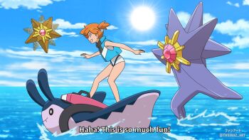 1girl :d afloat anime_coloring artist_name bare_arms blue_sky blue_vest cloud competition_swimsuit day english_text from_side gen_1_pokemon gen_2_pokemon horizon jacket leaning_forward mantine mega_starmie misty_(pokemon) nintendo ocean official_style one-piece_swimsuit open_mouth orange_hair outdoors pokemon pokemon_(anime) pokemon_(creature) pokemon_hgss pokemon_rgby pokemon_sm_(anime) retro_artstyle riding riding_pokemon short_hair shorts side_ponytail sky sleeveless smile standing starmie staryu subtitled sun surfing swimsuit thsinaz twitter_username vest water white_one-piece_swimsuit