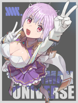 1girl absurdres artist_name boots breasts cleavage clothing_cutout commentary_request copyright_name epaulettes frilled_skirt frills from_above full_body gem gloves grey_background gridman_universe gridman_universe_(movie) highres large_breasts looking_at_viewer looking_up medium_hair open_mouth purple_eyes purple_hair purple_shirt purple_skirt red_eyes shinjou_akane shirt short_hair skirt smile solo standing thigh_boots thighhighs tyaui_(xjju4435) v w white_boots white_gloves
