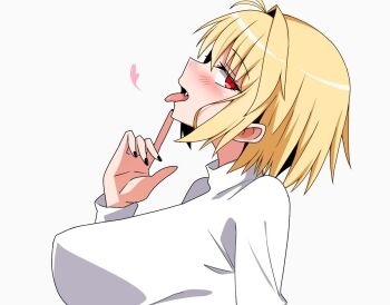 Rule 34 | 1girl, ahoge, arcueid brunestud, black nails, blonde hair, blush, breasts, commentary request, fang, from side, hair intakes, hand on own chin, happy, heart, huge breasts, looking at viewer, maz 515, short hair, sideboob, smile, solo, tongue, tongue out, tsukihime, tsukihime (remake), upper body