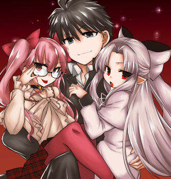 Rule 34 | 1boy, 2323astronomy, 2girls, :p, absurdres, black hair, choker, coat, commentary request, commission, dead apostle noel (tsukihime), glasses, grey hair, highres, long hair, looking at viewer, melty blood, multiple girls, nanaya shiki, noel (tsukihime), pantyhose, pink hair, pointy ears, red pantyhose, sitting, skeb commission, skirt, smile, tongue, tongue out, tsukihime, white len (tsukihime)