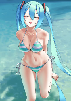 1girl absurdres amaama_(beccyonaika1) aqua_hair arms_behind_back beach bikini breasts cleavage closed_eyes closed_mouth collarbone commentary_request cowboy_shot day dot_mouth dot_nose hair_between_eyes hair_ornament hatsune_miku highres light_blush long_hair looking_at_viewer medium_breasts navel ocean open_mouth outdoors sand side-tie_bikini_bottom solo striped_bikini striped_clothes swimsuit twintails very_long_hair vocaloid water