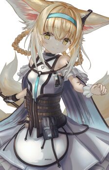 1girl absurdres animal_ears arknights blonde_hair blue_hairband braid commentary_request etobane fan_request fox_ears fox_girl fox_tail gloves hairband highres infection_monitor_(arknights) looking_at_viewer material_growth oripathy_lesion_(arknights) simple_background smile solo suzuran_(arknights) tail white_background