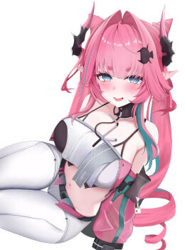 Rule 34 | 1girl, absurdres, arknights, arknights: endfield, bare shoulders, blue eyes, blue hair, blush, breasts, commentary request, detached sleeves, dragon girl, dragon horns, hair ornament, hairclip, highres, horns, izumiillus, large breasts, long hair, midriff, open mouth, pants, pink hair, pointy ears, solo, twintails, white pants, yvonne (arknights)