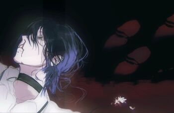 1girl black_choker blood blood_on_flower bloody_footprints chainsaw_man choker death flower grenade_pin grey_eyes highres huhaha09 lying nosebleed on_back purple_hair reze_(chainsaw_man) shirt solo spoilers white_flower white_shirt