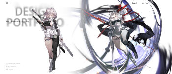 1girl asymmetrical_footwear asymmetrical_legwear bandages black_boots boots breasts copyright_name glasses hair_over_one_eye highres mist_sequence multiple_views pink_hair red_eyes red_ribbon ribbon sideboob single_thighhigh sword thighhighs weapon white_boots yi_yuansu_san_gong
