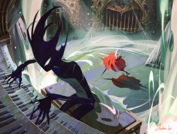 1girl 1other arthropod_girl black_eyes black_hair black_skin blank_eyes boss_fight cloak colored_skin dress floating_hair frozensoba grey_dress highres holding holding_weapon hollow_eyes hollow_knight hollow_knight:_silksong horned_mask hornet_(hollow_knight) horns in-universe_location instrument looking_at_another mask music needle_(hollow_knight) organ_(instrument) phantom_(hollow_knight) piano_bench pin_(hollow_knight) pipe_organ playing_instrument red_cloak standing unworn_mask wavy_hair weapon white_eyes white_mask