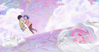 Rule 34 | 1boy, 1girl, abstract background, barefoot, black hair, black pantyhose, black shorts, closed eyes, cloud, cloudy sky, collared shirt, facing another, flower, full body, grey shorts, hair flower, hair ornament, hands up, highres, holding hands, long sleeves, medium hair, open mouth, original, outdoors, oversized sweater, pantyhose, pink sweater, purple hair, shirt, short hair, shorts, sky, smile, socks, sweater, unholymilk, vest, white shirt, white socks, yellow vest