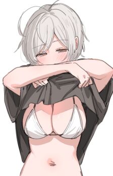 1girl ahoge bikini blush breasts clothes_lift commentary_request grey_hair half-closed_eyes large_breasts navel original paragasu_(parags112) parted_bangs shirt_lift short_hair simple_background solo swimsuit tagme white_bikini