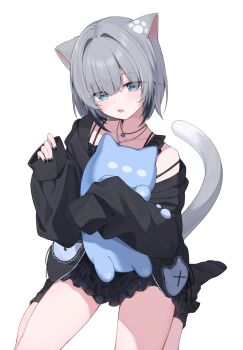 Rule 34 | 1girl, absurdres, alternate costume, animal ears, black cardigan, black dress, black hair, black nails, black socks, blue cat, blue eyes, cardigan, cat, cat ears, collarbone, dress, fang, frilled dress, frills, full body, grey hair, hennyano (nachoneko), highres, indie virtual youtuber, jewelry, long sleeves, looking at viewer, multicolored hair, nachoneko, necklace, open cardigan, open clothes, parted lips, shinshia (sinsia 0928), short dress, short hair, sidelocks, simple background, sitting, skin fang, socks, solo, star (symbol), star necklace, streaked hair, virtual youtuber, wariza, white background