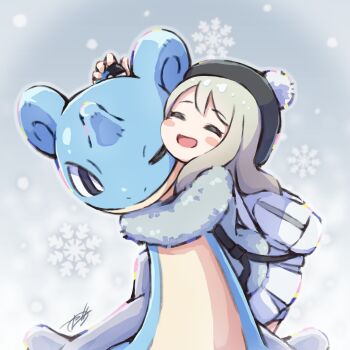 1girl alternate_hair_color alternate_hairstyle black_hat blush_stickers closed_eyes commentary_request fur_jacket gen_1_pokemon gloria_(pokemon) grey_hair grey_jacket hat highres jacket lapras long_hair nintendo one_eye_closed open_mouth pokemon pokemon_(creature) pokemon_swsh signature snowflakes zeni_maru