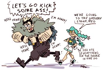 annie_(skullgirls) backpack bag beowulf_(skullgirls) magnagallina shirt shorts skullgirls speech_bubble t-shirt wrestling_outfit