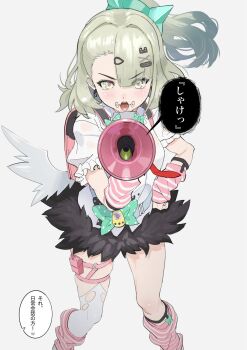 Rule 34 | 1girl, arm warmers, bandaid, bandaid hair ornament, black skirt, commentary request, earrings, facial tattoo, feet out of frame, frilled sleeves, frills, fur-trimmed skirt, fur trim, green eyes, green hair, grey background, hair ornament, hand on own hip, heart, heart hair ornament, highres, holding, holding megaphone, jewelry, leg warmers, looking at viewer, mazarimon, megaphone, multiple hair clips, multiple thigh straps, musical note earrings, necktie, open mouth, pink arm warmers, pink bag, pink leg warmers, red necktie, shirt, simple background, skirt, solo, speech bubble, striped arm warmers, striped leg warmers, sunna (zenless zone zero), tattoo, thigh strap, tongue tattoo, translation request, white shirt, white wings, winged bag, wings, zenless zone zero