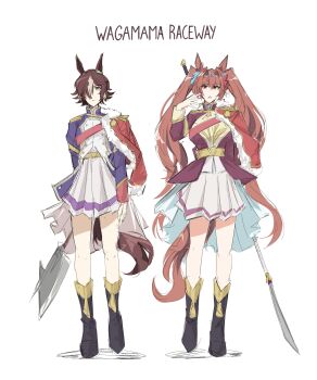 2girls absurdres aiguillette animal_ears axe battle_axe belt blue_jacket breasts brown_eyes brown_hair closed_mouth cosplay daiwa_scarlet_(umamusume) frostfiresoul fur-trimmed_jacket fur_trim hair_between_eyes hair_intakes hair_over_one_eye hanayagi_kaoruko hanayagi_kaoruko_(cosplay) highres holding holding_axe holding_polearm holding_weapon horse_ears horse_girl horse_tail isurugi_futaba isurugi_futaba_(cosplay) jacket jacket_on_shoulders lance large_breasts long_hair long_sleeves looking_at_viewer multicolored_hair multiple_girls naginata open_mouth polearm purple_jacket red_eyes red_sash sash shirt shoujo_kageki_revue_starlight shoulder_sash side-by-side single_stripe skirt striped_clothes striped_skirt tail twintails umamusume very_long_hair vodka_(umamusume) waist_cape weapon white_hair white_shirt white_skirt yellow_belt